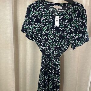 LOFT Black and Green Floral Midi Dress